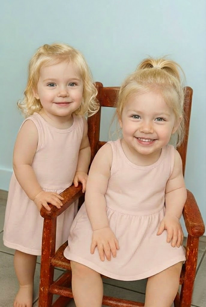 Young woman puts both babies inside the fir